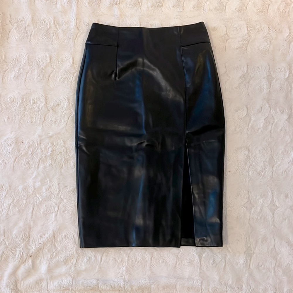 H&M Black Faux Leather Midi Pencil Skirt